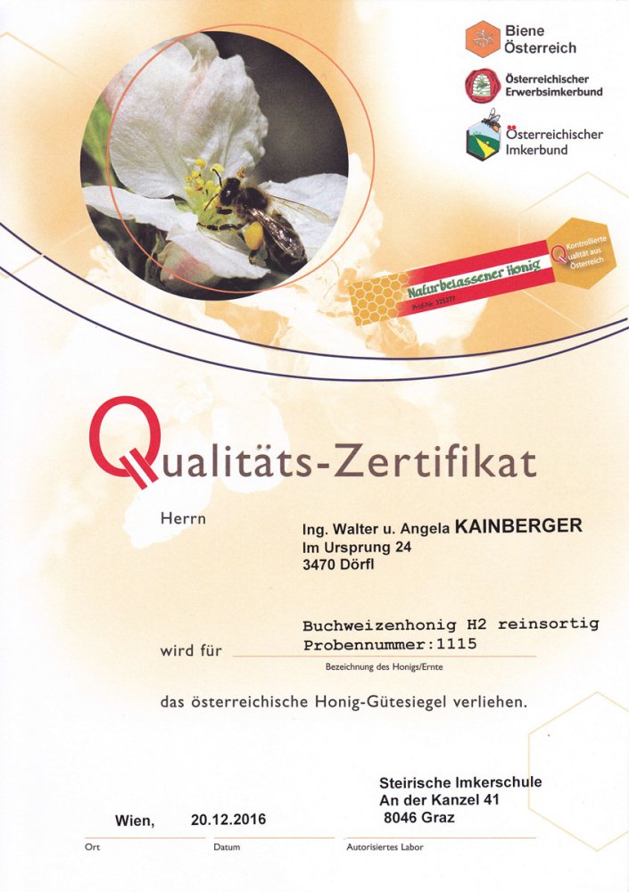 Qualitätszertifikat für Buchweizenhonig 2016