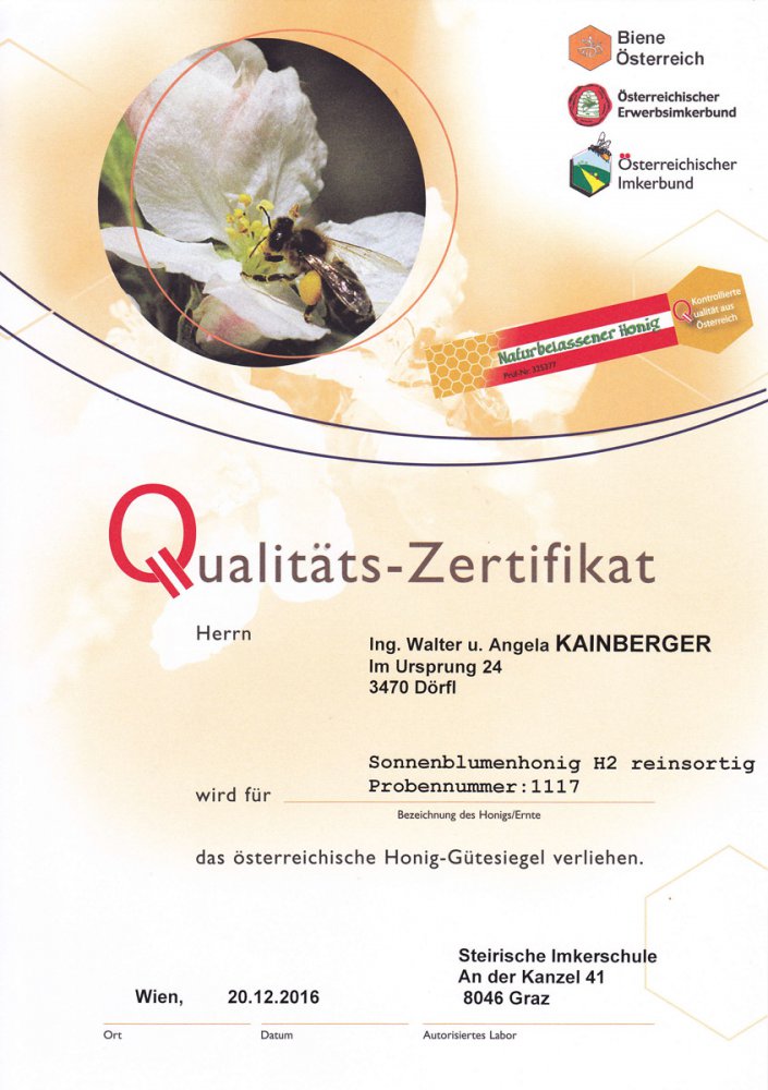 Qualitätszertifikat für Sonnenblumenhonig 2016