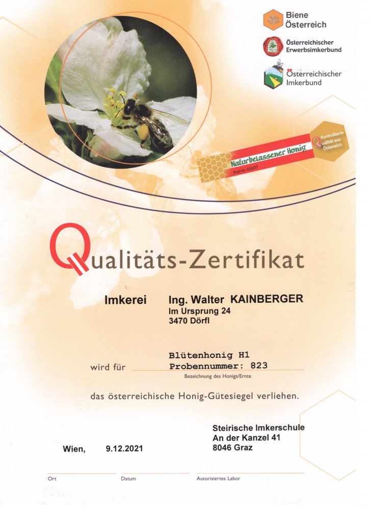 Qualitätszertifikat für Blütenhonig 2021/2